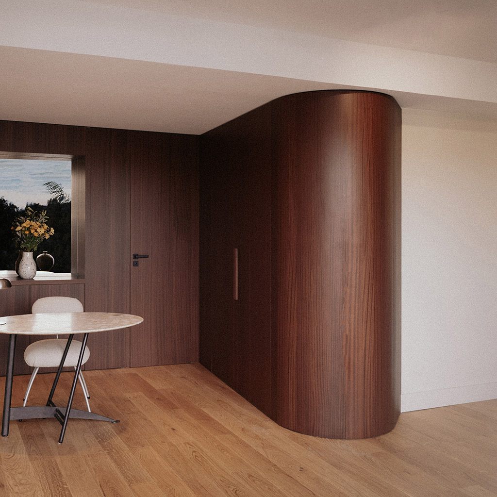 High-end interior design wooden curved wall by Atelier Teva Sian